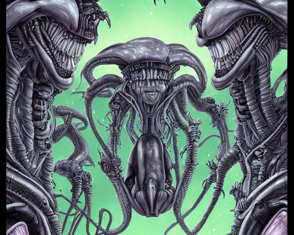 Elongated-headed Xenomorphs with sharp teeth in green space - Illustration