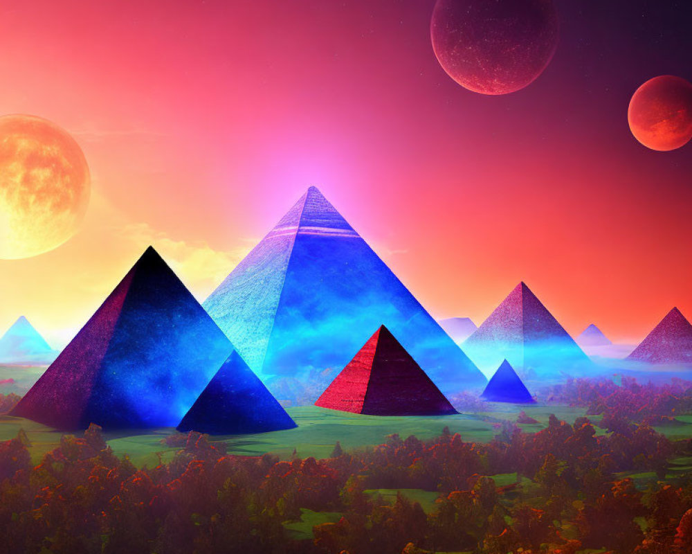 Colorful artwork: Pyramids under fantastical sky with multiple moons in dream-like landscape at sunset