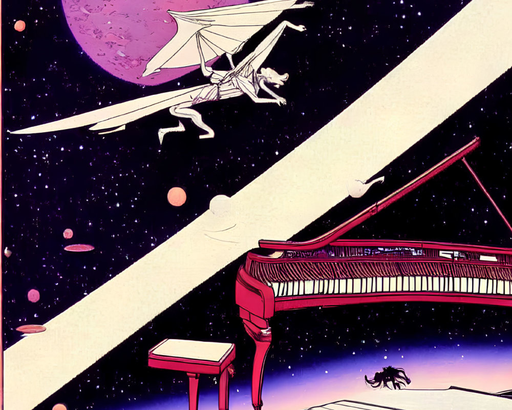 Winged creature flying over space piano with pink planet and stars