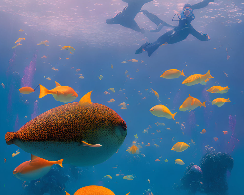 Underwater Scene: Divers with Large and Small Fish