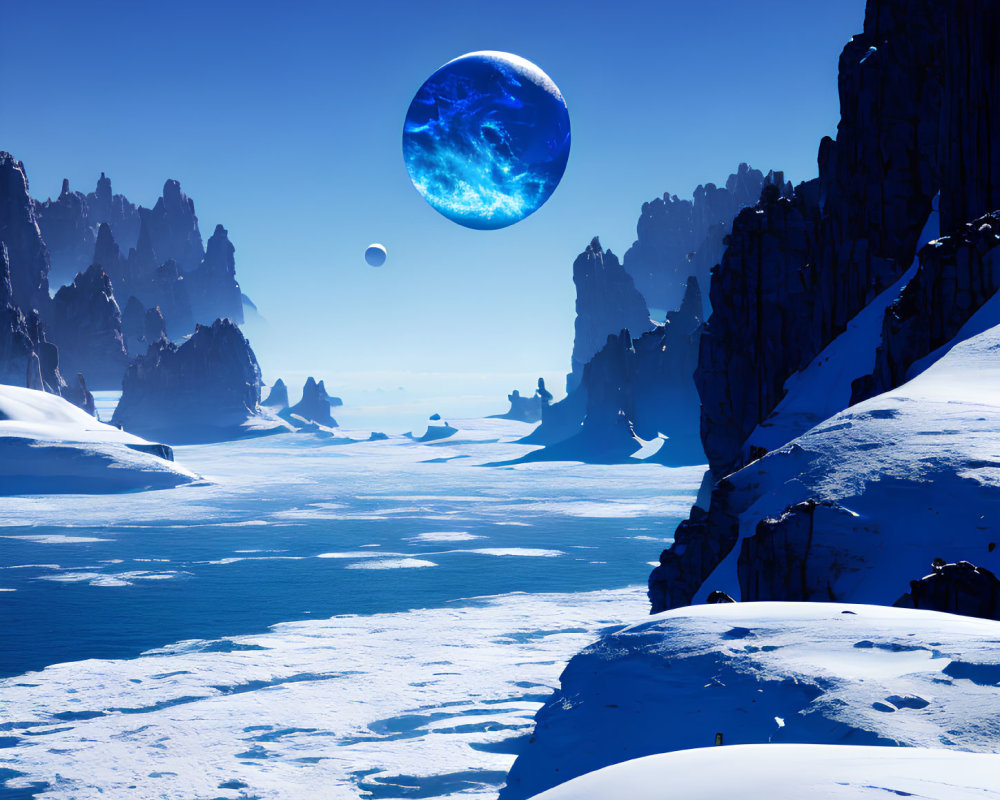 Surreal landscape with jagged ice formations and celestial bodies