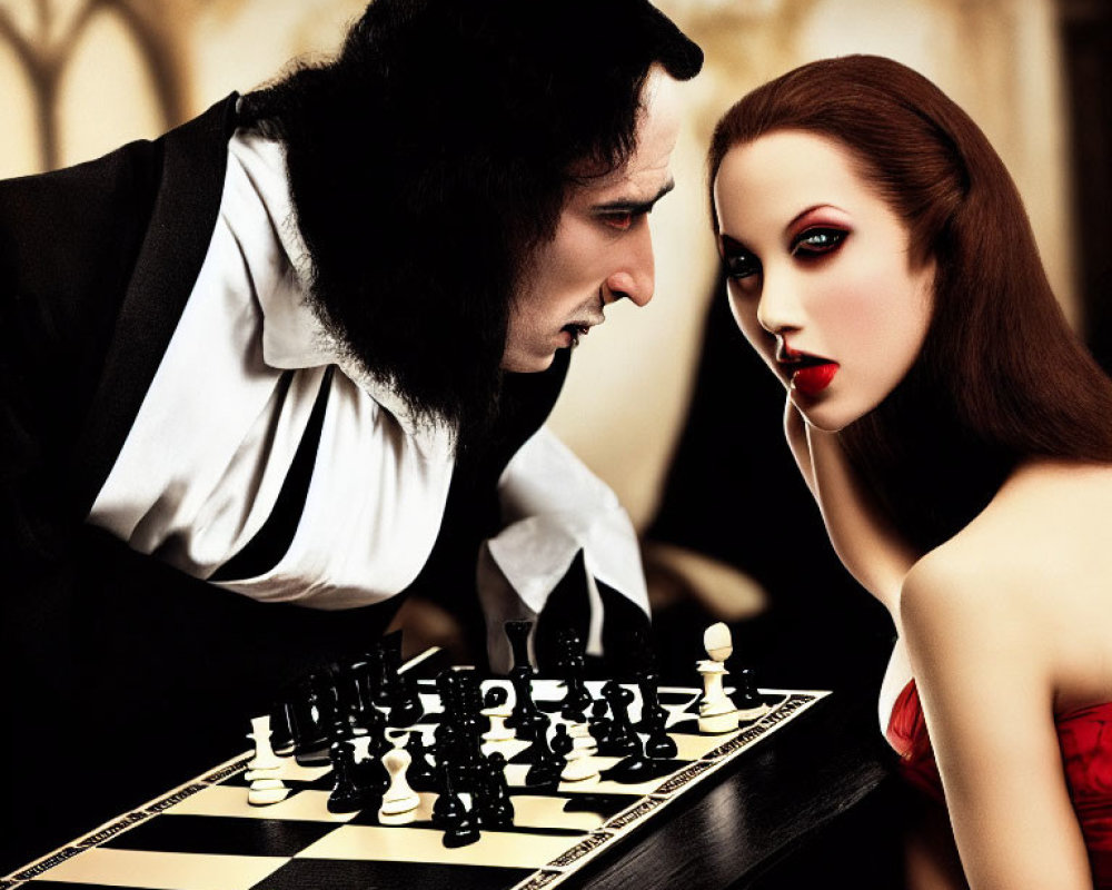 Gothic vampires playing chess in dramatic setting