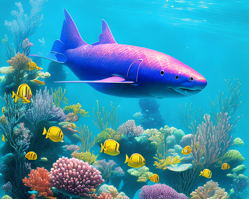 Colorful underwater scene with blue and yellow fish amidst vibrant coral reefs