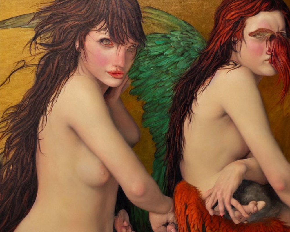 Two Women with Green and Orange Angelic Wings in Intimate Painterly Style