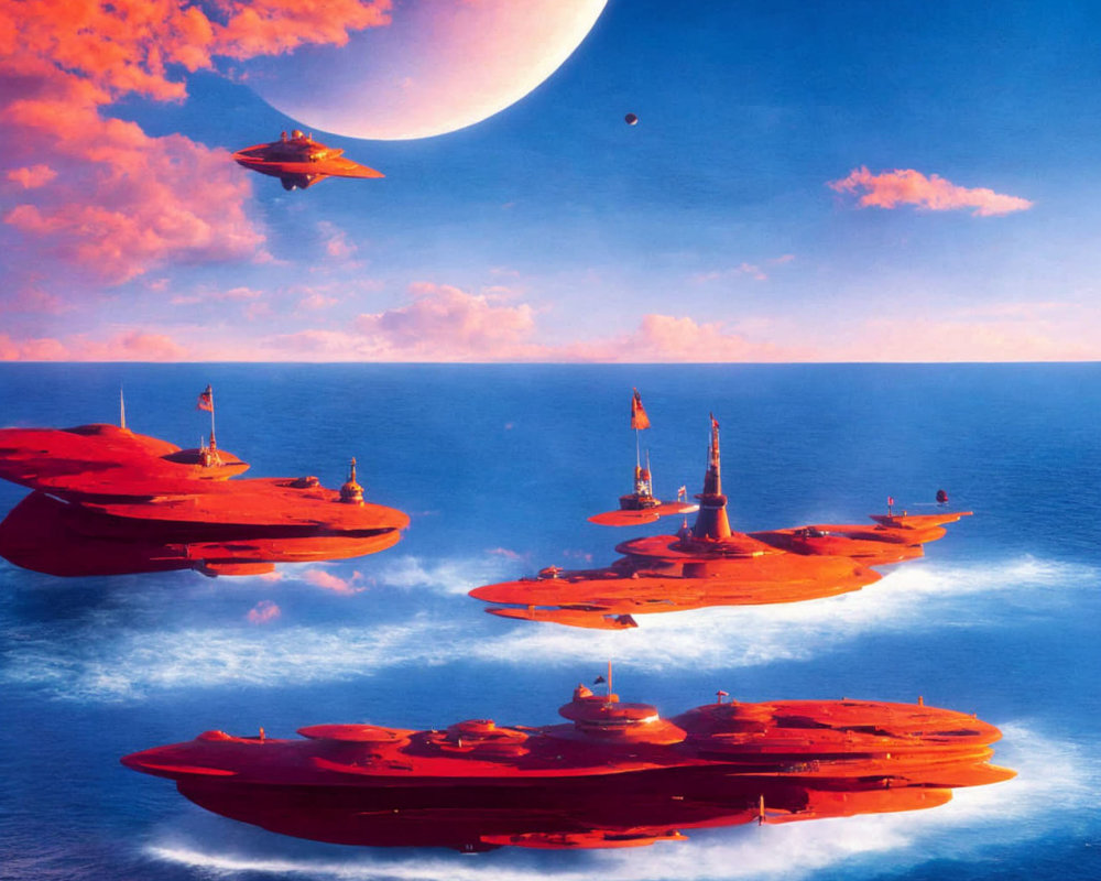 Fantastical red floating islands over serene ocean with spaceship and moon