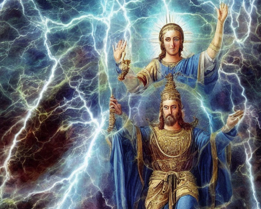 Regal figures with crown and outstretched arms in vibrant lightning