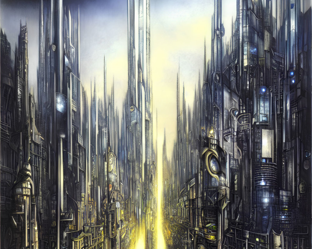 Futuristic cityscape with towering skyscrapers and glowing lights