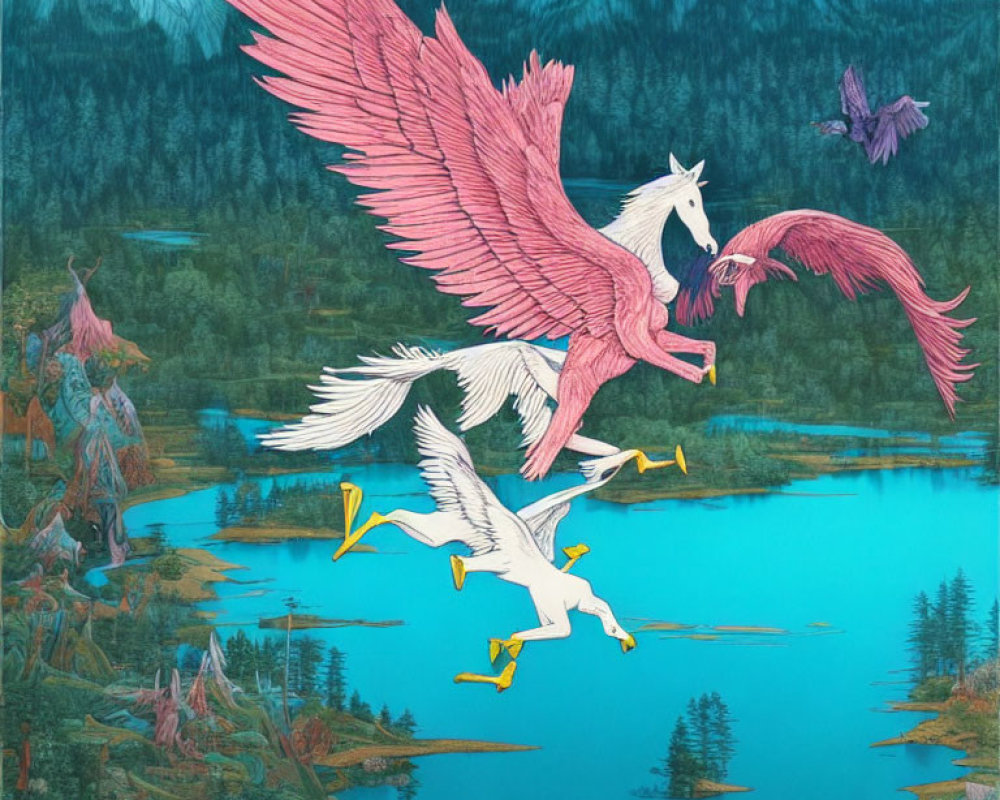 Fantastical pink and white birds flying over turquoise lake and mountain landscape