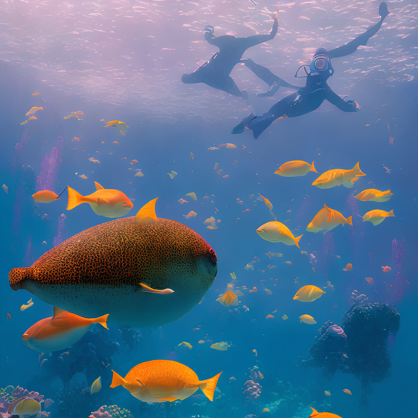 Underwater Scene: Divers with Large and Small Fish