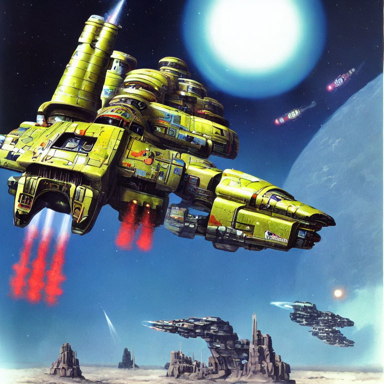 Futuristic yellow-green spaceships over desert planet with ruins and two moons