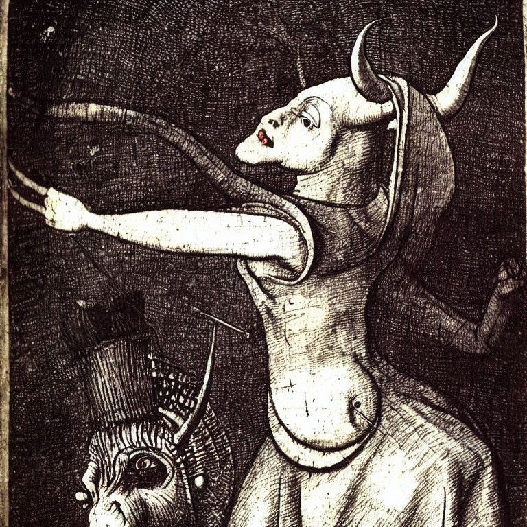 Medieval-style engraving of a demon-like humanoid figure with horns and a second face on the torso