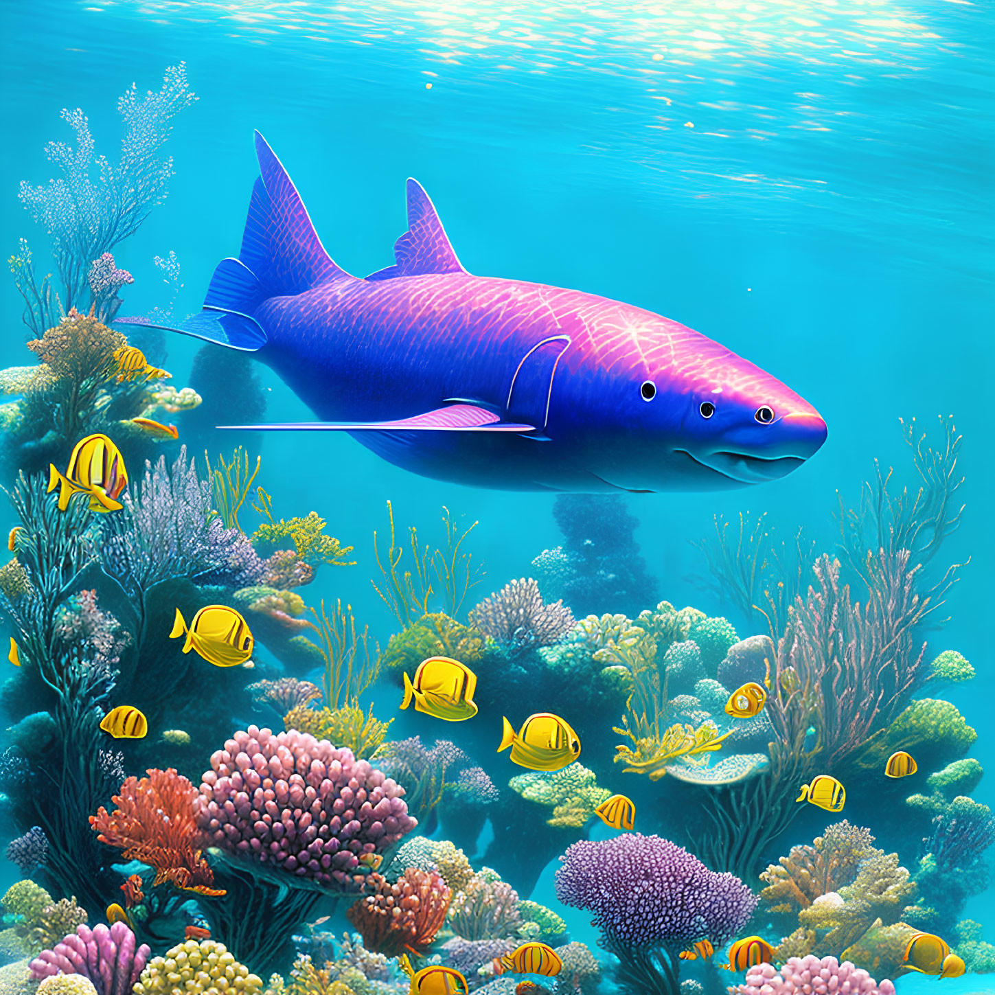 Colorful underwater scene with blue and yellow fish amidst vibrant coral reefs