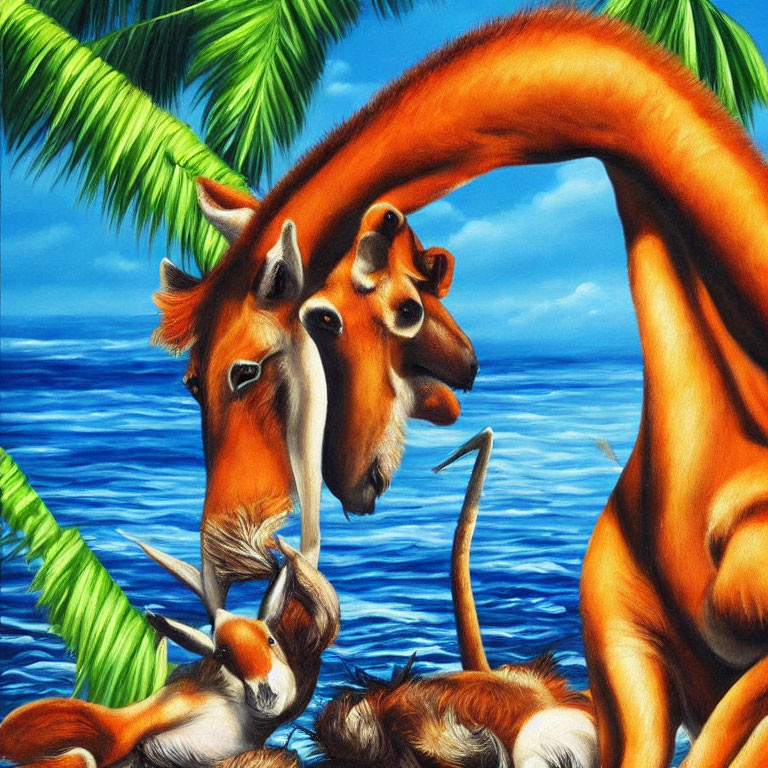 Surreal image: Giraffes with intertwined necks, blue sea, palm fronds in