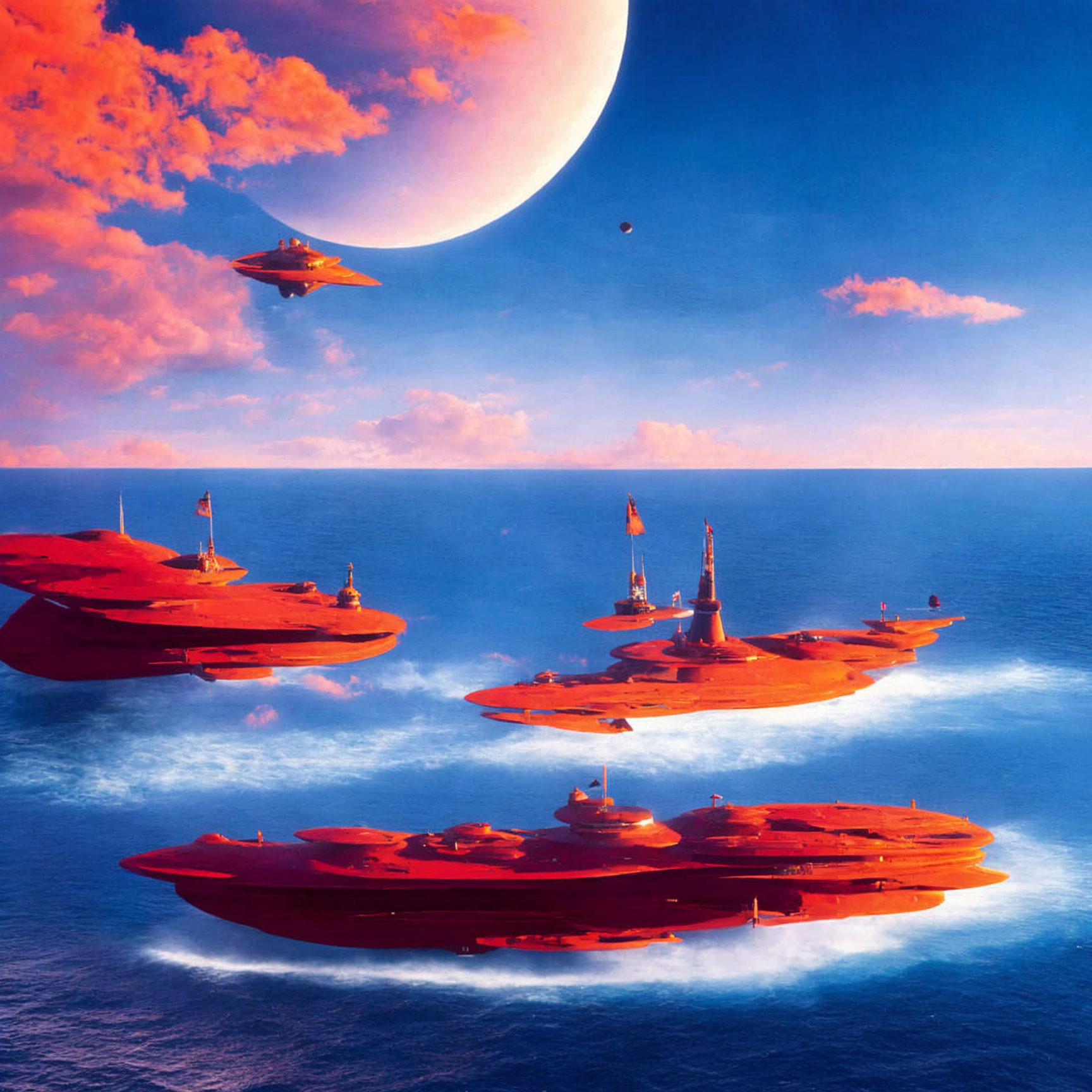 Fantastical red floating islands over serene ocean with spaceship and moon