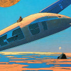 Futuristic spaceship with person on orange landscape under blue sky