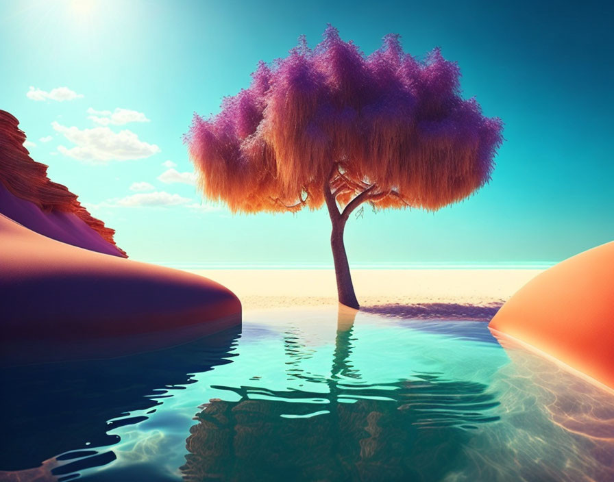 Surreal beach landscape with purple tree and vibrant terrain