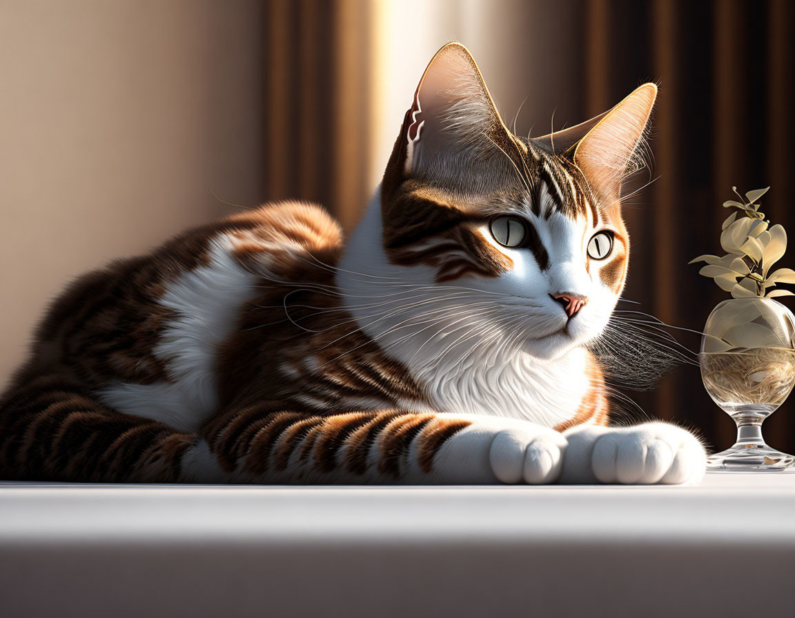 Brown and White Striped Cat Resting on Sunlit Windowsill with Flowers