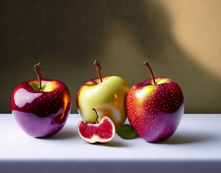 Hyperrealistic glossy apples with unique color gradients on white surface