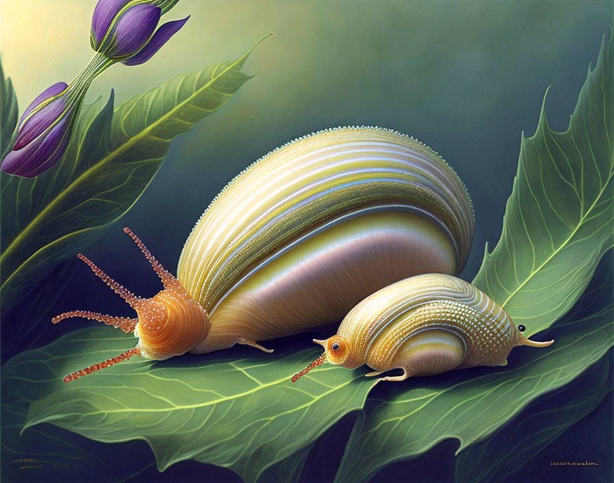 Colorful digital artwork: Oversized snail with golden shell, green leaves, and purple flower.