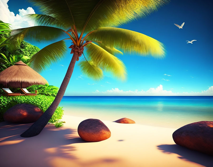 Tropical Beach Scene with Palm Tree, Thatched Hut, and Blue Sky