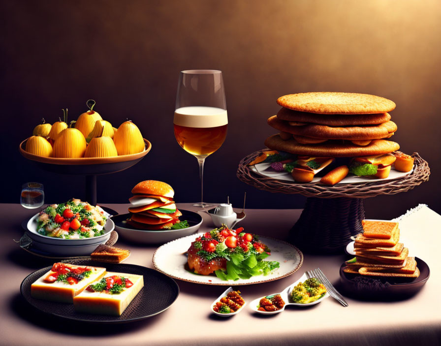 Sumptuous feast featuring cheese platter, salads, pancakes, sandwiches, burgers, and white wine