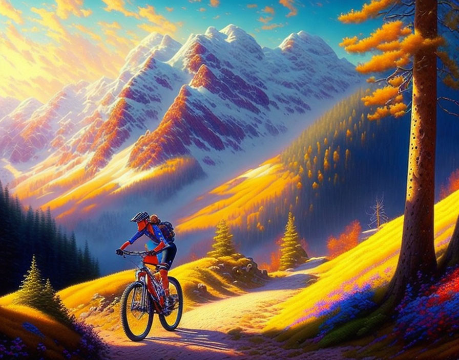 Cyclist on scenic autumn mountain trail with snow-capped peaks