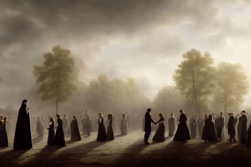 Misty landscape with people in black cloaks under brooding sky