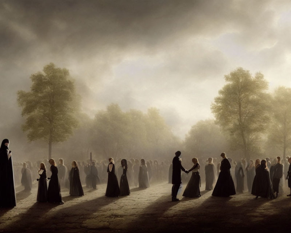 Misty landscape with people in black cloaks under brooding sky