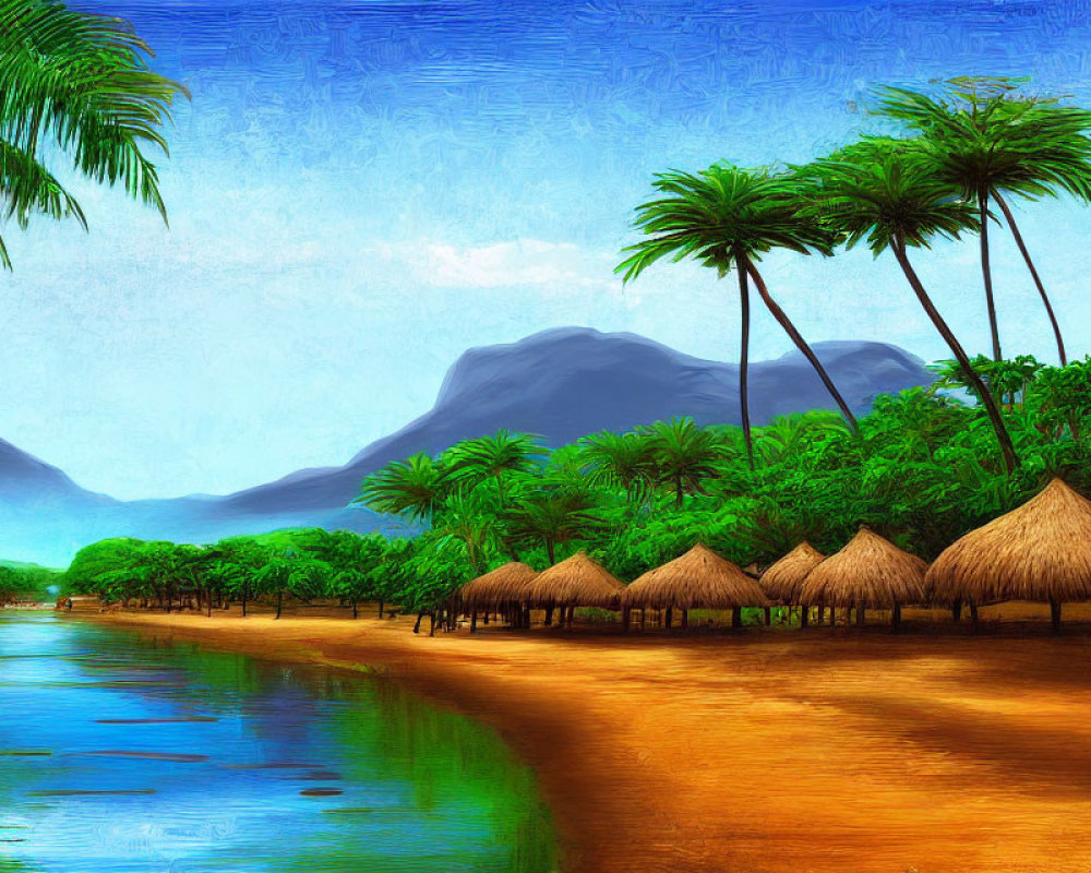 Tropical landscape painting with thatched huts, palm trees, and mountains