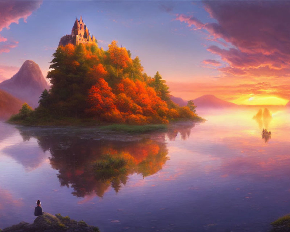 Serene lake sunset with vibrant island and castle under colorful sky