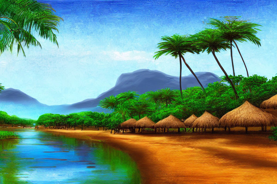 Tropical landscape painting with thatched huts, palm trees, and mountains