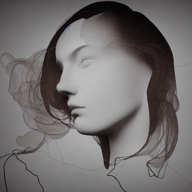 Monochrome female profile sketch with flowing hair on muted backdrop