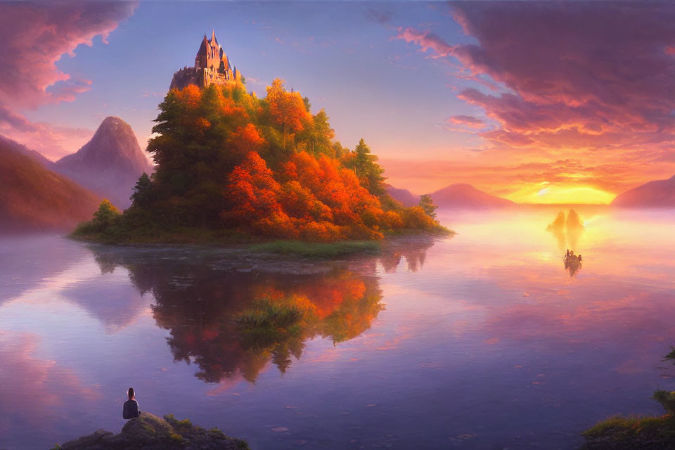 Serene lake sunset with vibrant island and castle under colorful sky