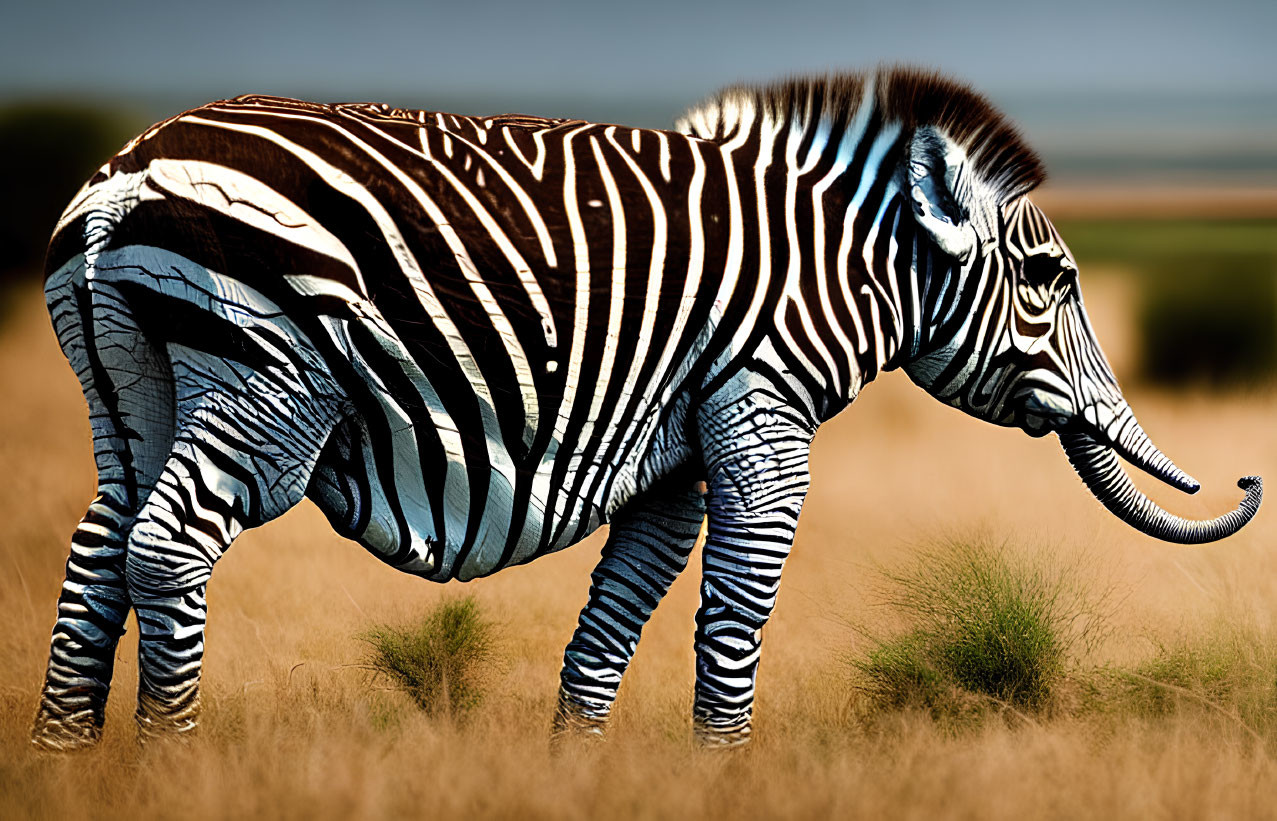 Fantasy image of zebra with elephant trunk and tusks in savannah.