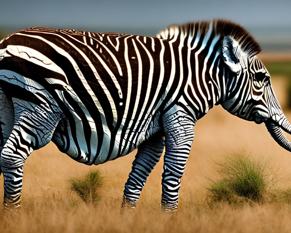 Fantasy image of zebra with elephant trunk and tusks in savannah.