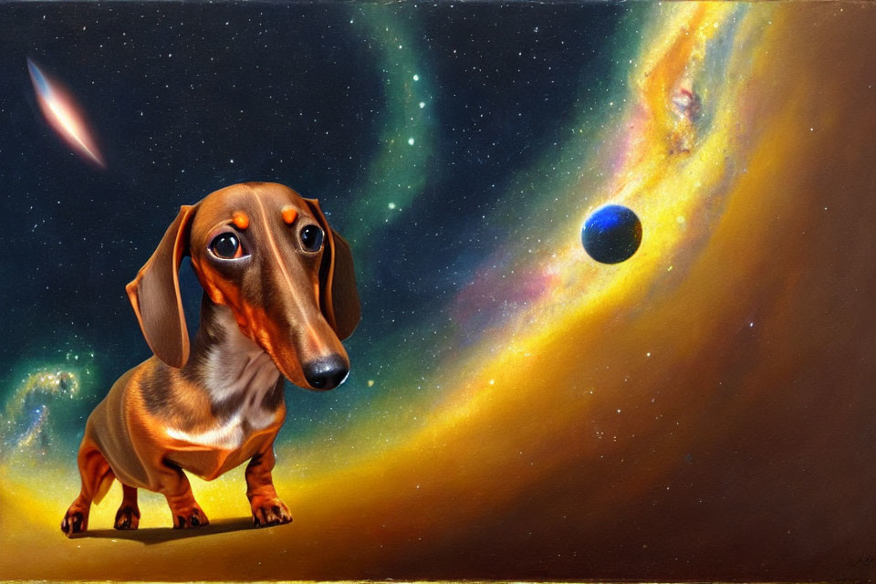 Dachshund in space with comet and celestial bodies