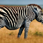 Fantasy image of zebra with elephant trunk and tusks in savannah.