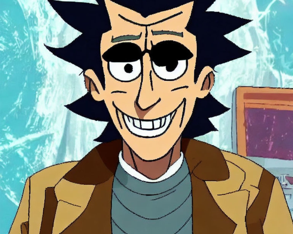 Spiky Black Hair Animated Character in Sunglasses with Brown Jacket