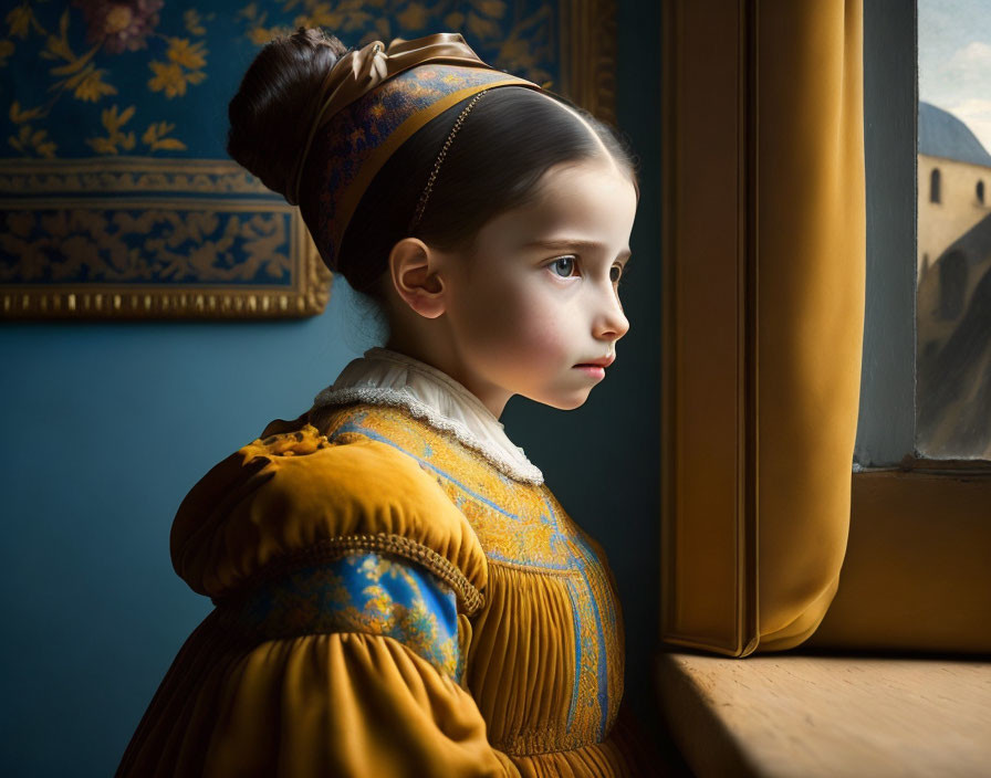 Young girl in vintage orange dress gazes out window with classic blue wallpaper