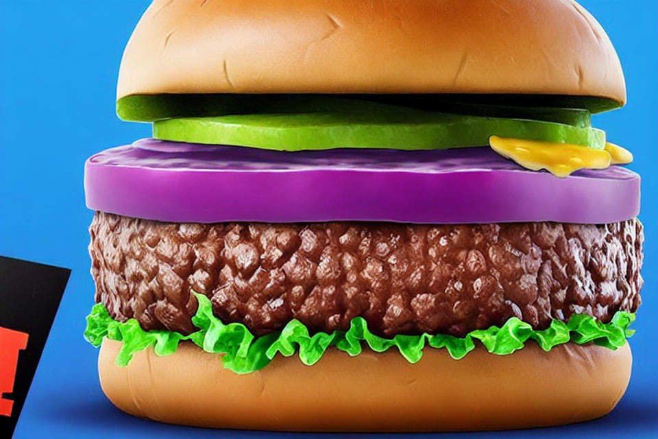 Graphic of oversized burger with lettuce, purple onion, cheese, pickle on sesame bun on blue background