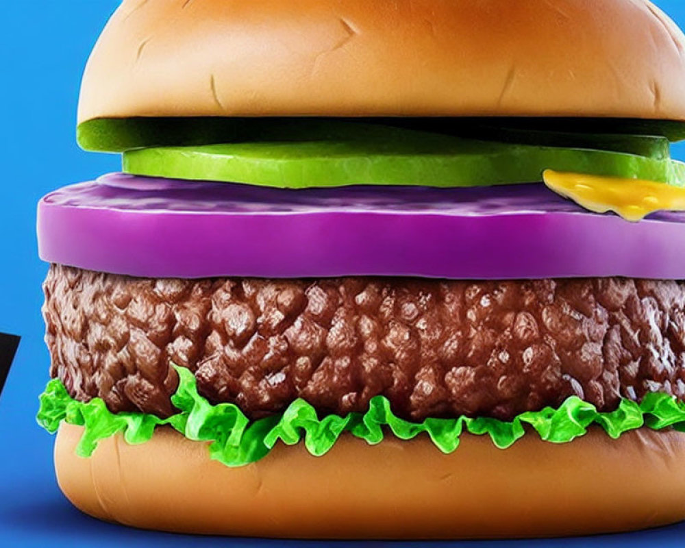 Graphic of oversized burger with lettuce, purple onion, cheese, pickle on sesame bun on blue background