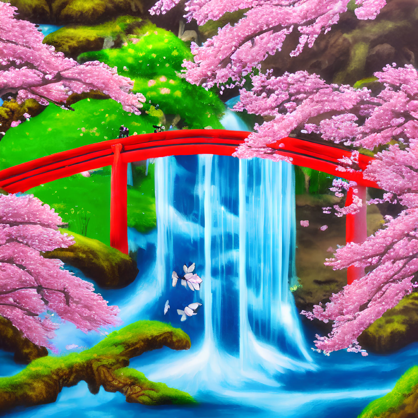 Red Bridge Over Waterfall with Cherry Blossoms and Greenery