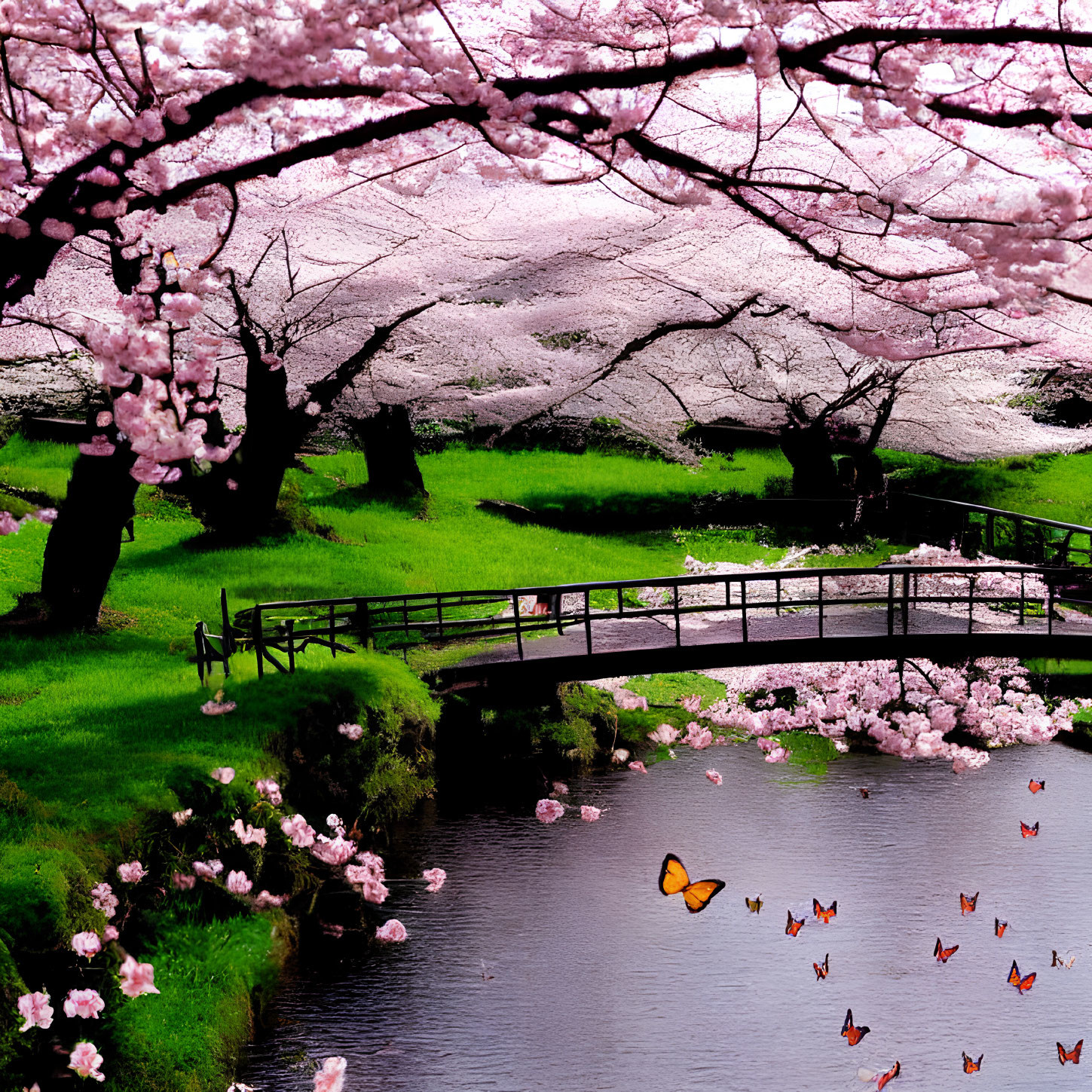 Tranquil stream with cherry blossoms and butterflies