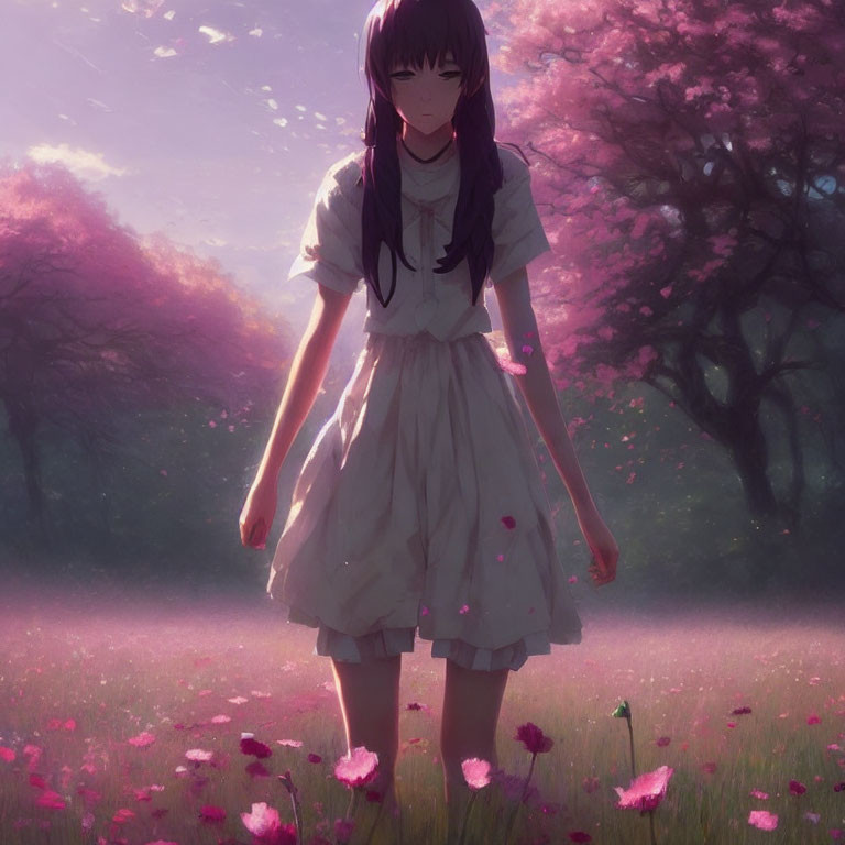 Animated girl in blooming pink meadow under soft sunlight