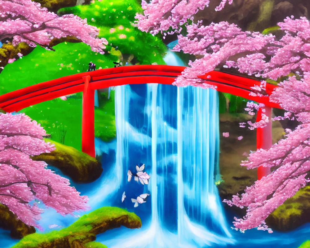 Red Bridge Over Waterfall with Cherry Blossoms and Greenery