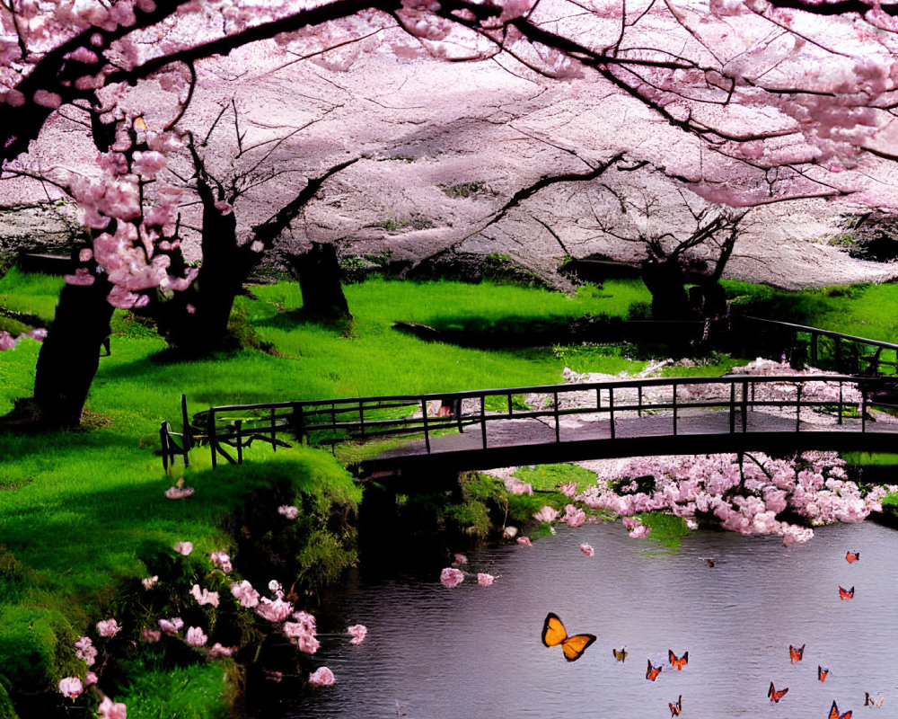 Tranquil stream with cherry blossoms and butterflies