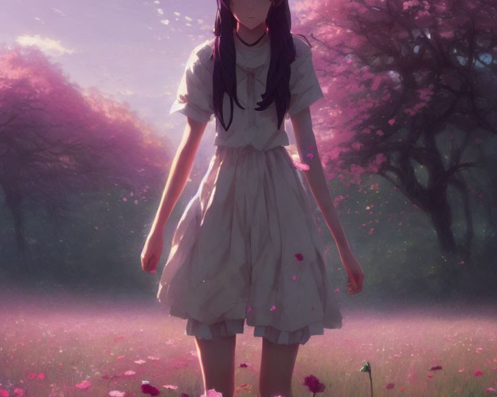 Animated girl in blooming pink meadow under soft sunlight