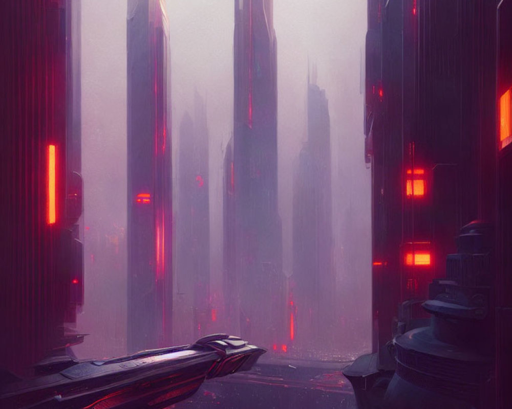 Futuristic cityscape with red glow, skyscrapers, and spaceship