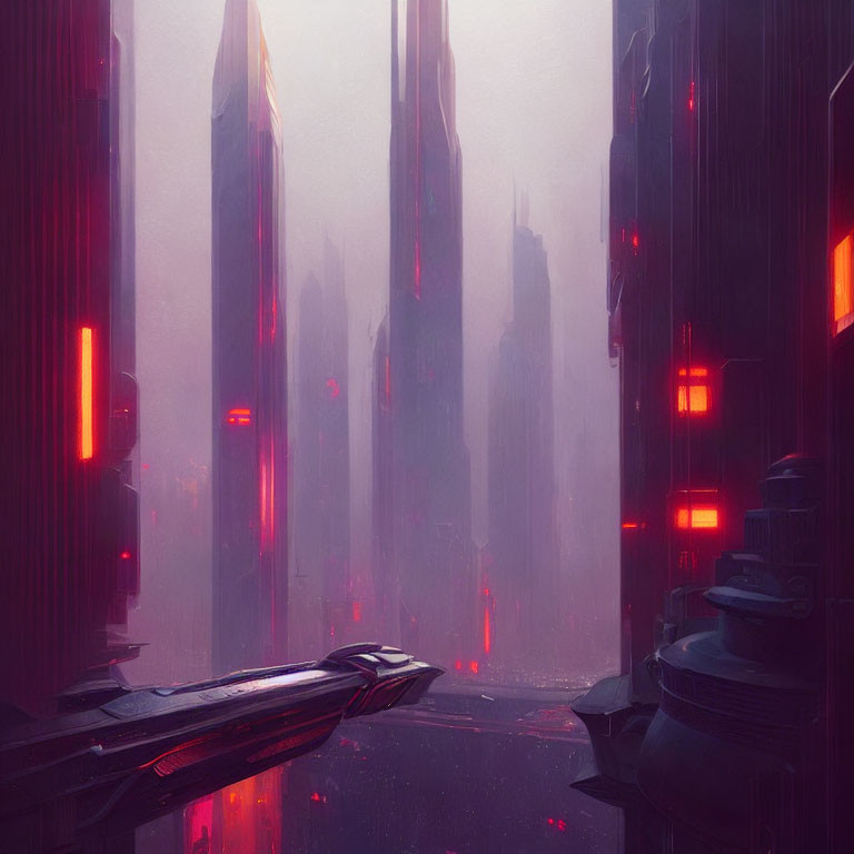 Futuristic cityscape with red glow, skyscrapers, and spaceship