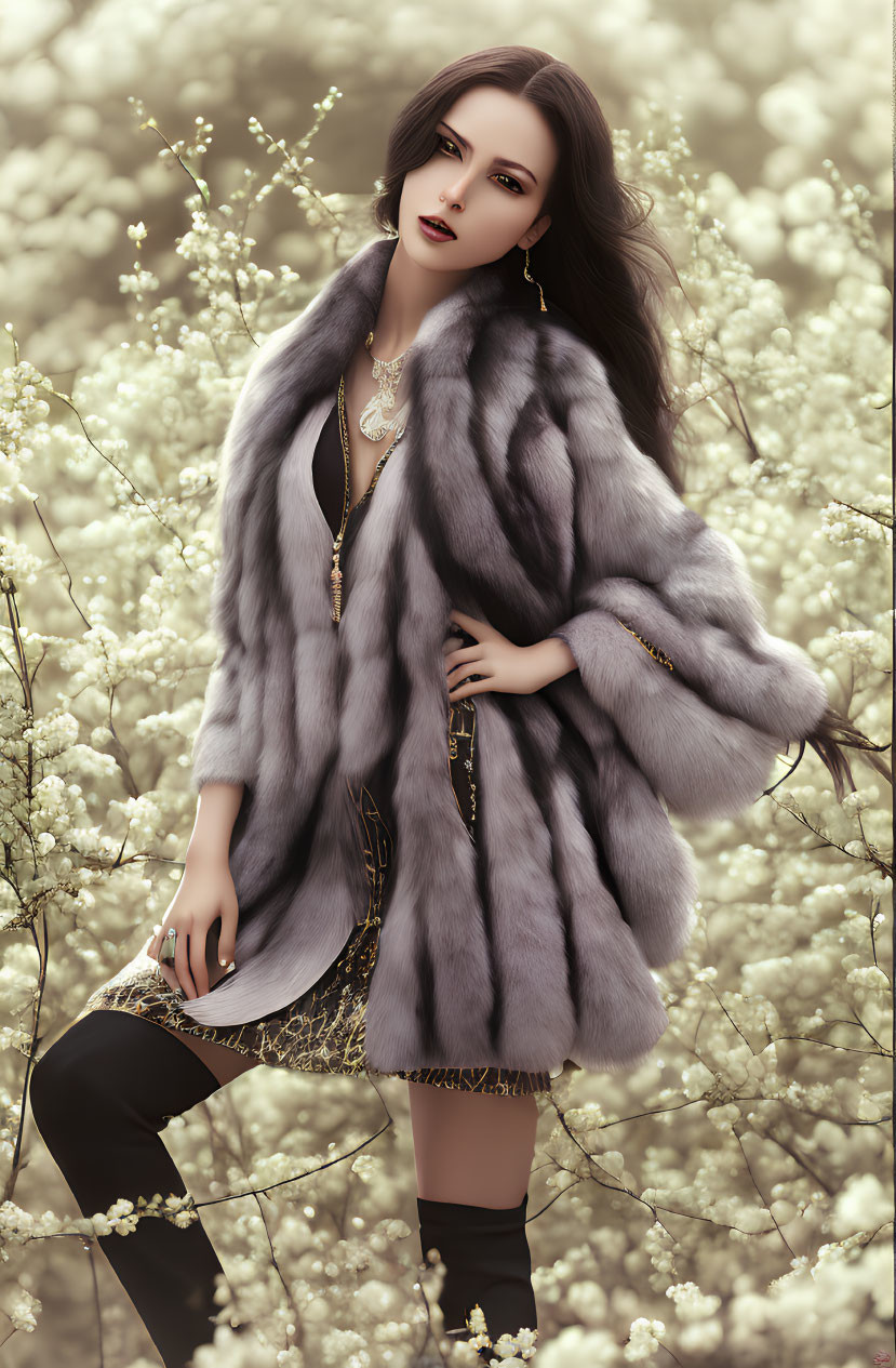 Woman in Luxurious Fur Coat Standing in Dreamy Flower Field